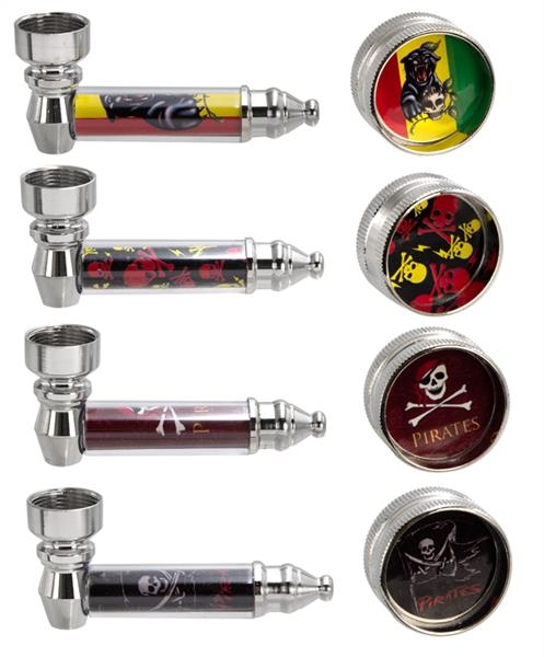 Raucherset Metallpfeife + Metallgrinder "Skulls",